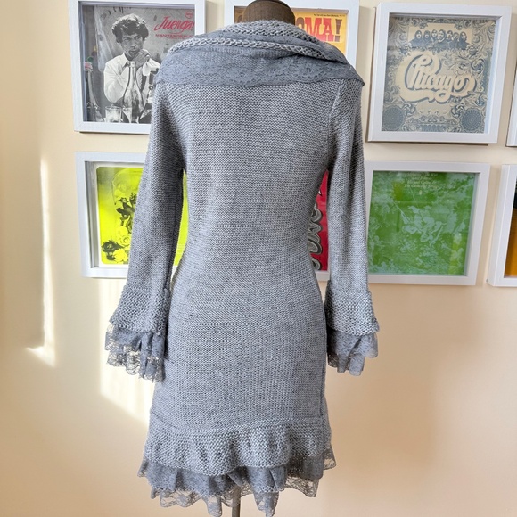 Y2K Coquette Grey Knit Lace Cardigan – Balletcore Fairy Grunge Tie Front - Picture 2 of 12